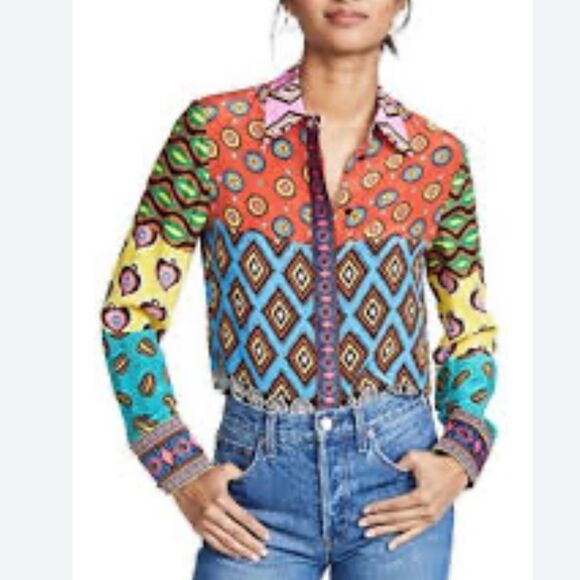 ALICE + OLIVIA Carla Kranendonk Willa Patchwork Silk Blouse - Picture 2 of 6